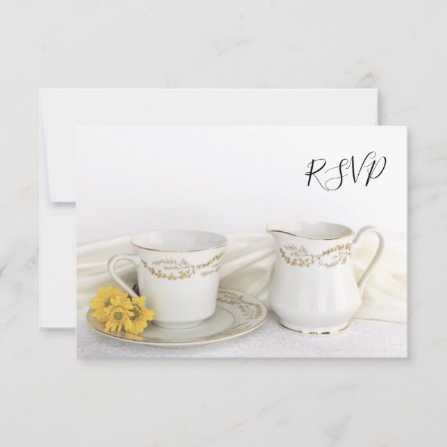 Tea Cup and Yellow Daisies Wedding RSVP Reply Card (Devant)