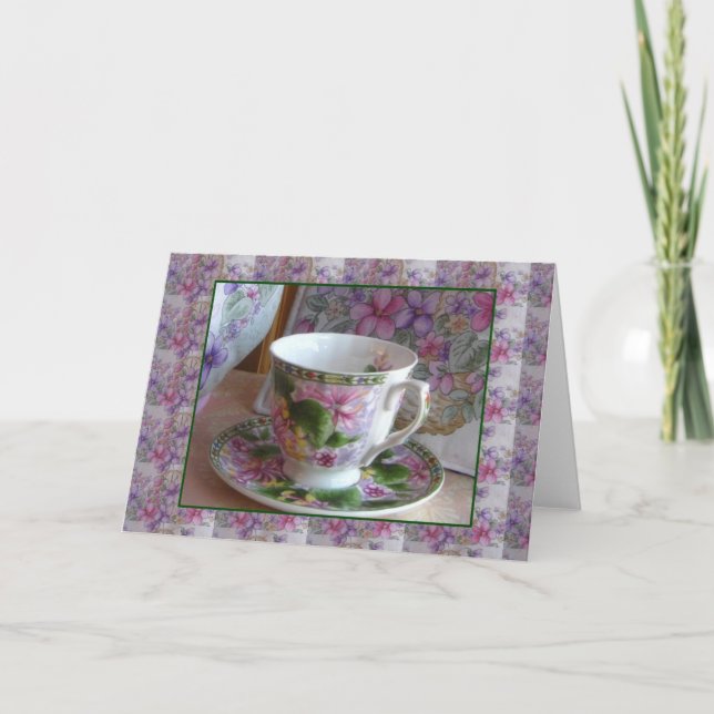 Tea Cup et Violet Bouquet Tea Carte de voeux confo (Devant)