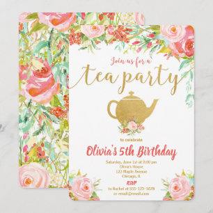 Tea fête anniversaire invitation fille or floral
