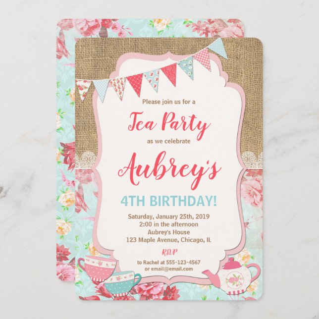 Tea fête anniversaire invitation fille shabby chic (Devant / Derrière)