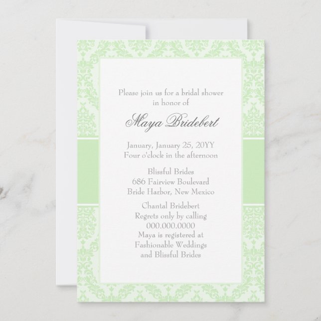 Tea Green Damask Invitation de douche nuptiale (Devant)