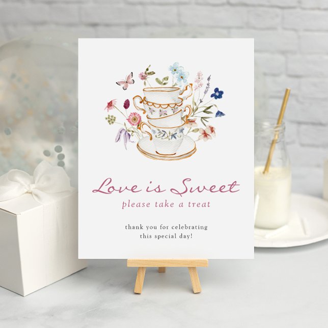 Tea Love Is Sweet Poster (Wildflower Bridal Tea Party Love Is Sweet Poster with Butterfly by Painted Paperie
)