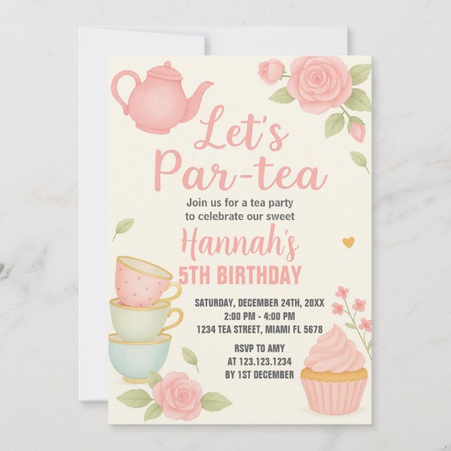 Tea Party Anniversaire Invitation avec Floral (Devant)