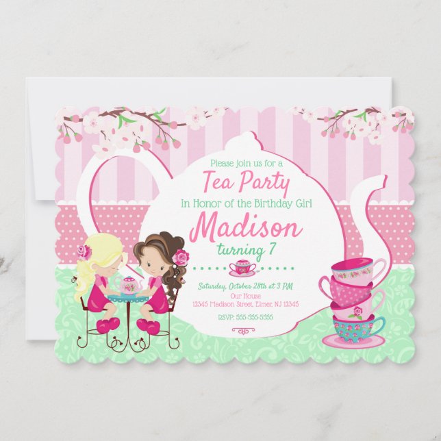 Tea Party Anniversaire Invitation / Fille / Turquo (Devant)