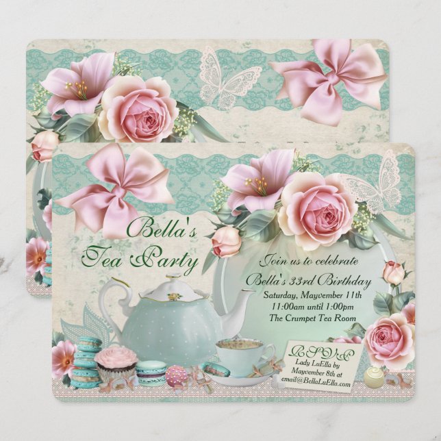 Tea Party Anniversaire Invitations (Devant / Derrière)