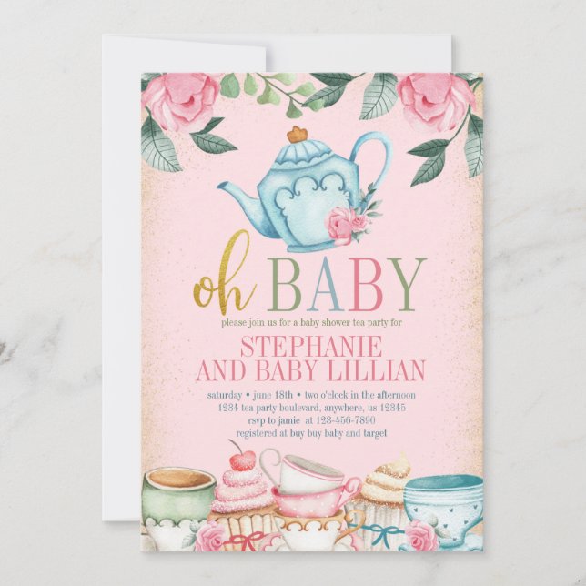 Tea Party Aquarelle Floral Baby shower Invitation (Devant)