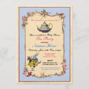Tea Party Baby shower Blue rose Teapot Invitation
