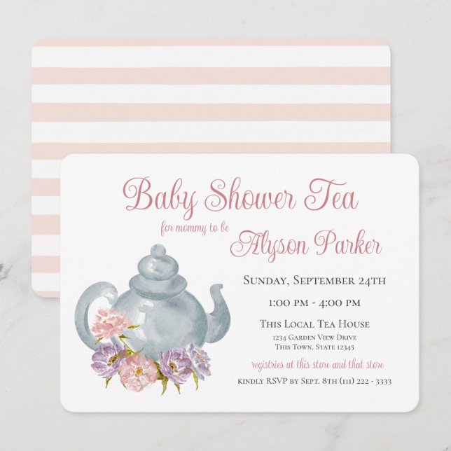 Tea Party Baby shower Floral Tea Pot Invitation (Devant / Derrière)