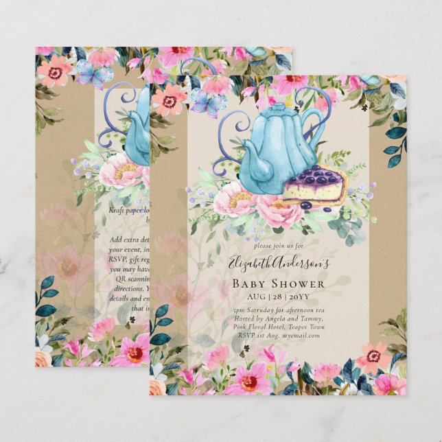 Tea Party Baby Shower Invitations (Devant / Derrière)