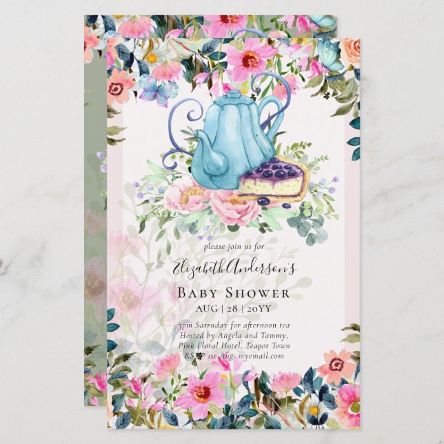 Tea Party Baby Shower Invitations (Devant / Derrière)