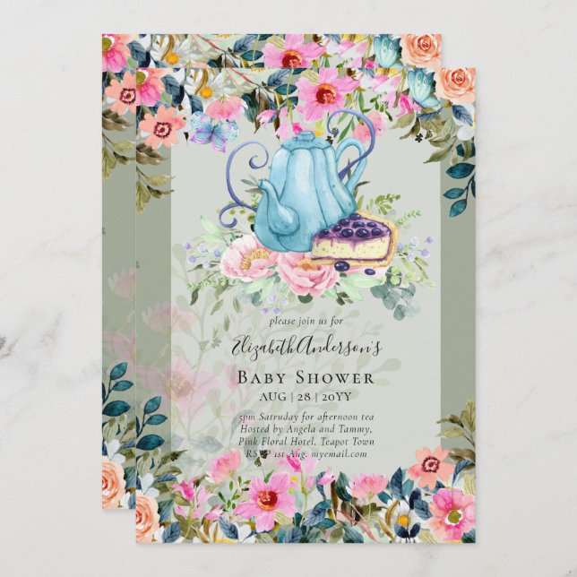 Tea Party Baby Shower Invitations (Devant / Derrière)