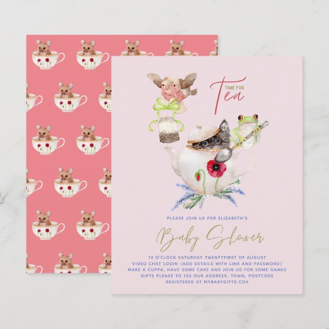 Tea Party Baby Shower Invitations Cute Tea Pot (Devant / Derrière)