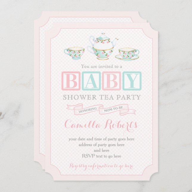 Tea Party Baby Shower Invitations pour la petite f (Devant / Derrière)