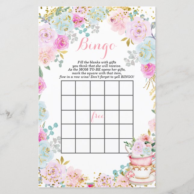 Tea Party Pastel fleurs baby shower Bingo (Devant)