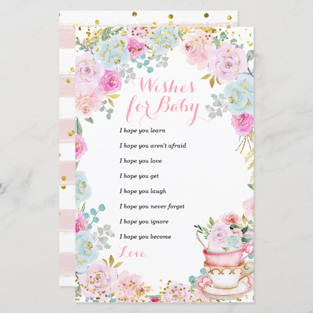 Tea Party Pastel Flowers Voeux pour bébé (Devant / Derrière)