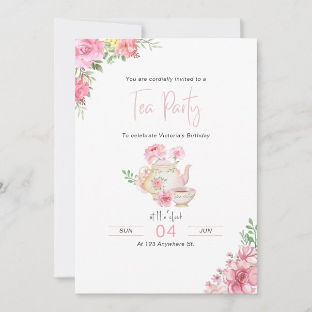 Tea Party rose Floral Invitation Anniversaire (Devant)