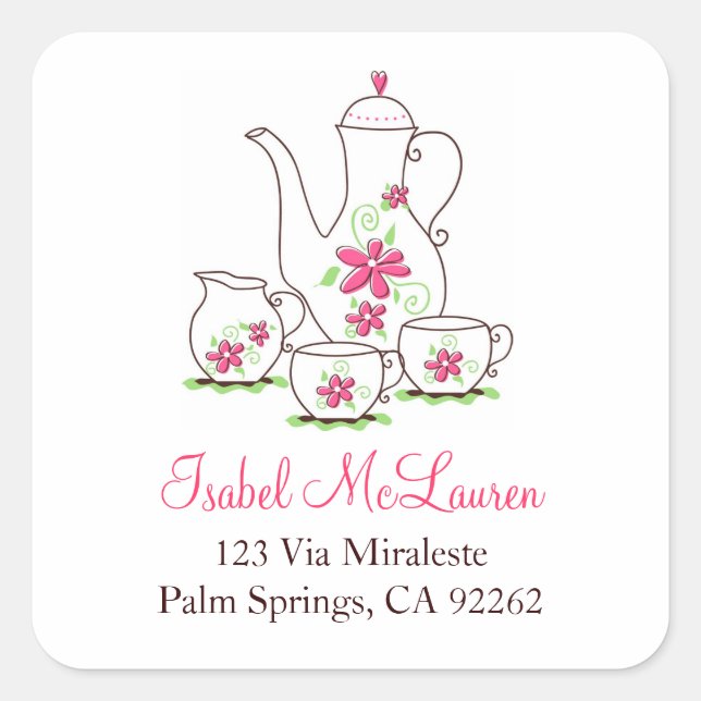 Tea Set Fleurs Roses, Étiquettes de adresse Carré (Devant)