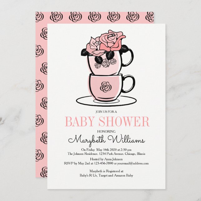 Tea Teacup & Fleurs Baby shower Invitation Card (Devant / Derrière)