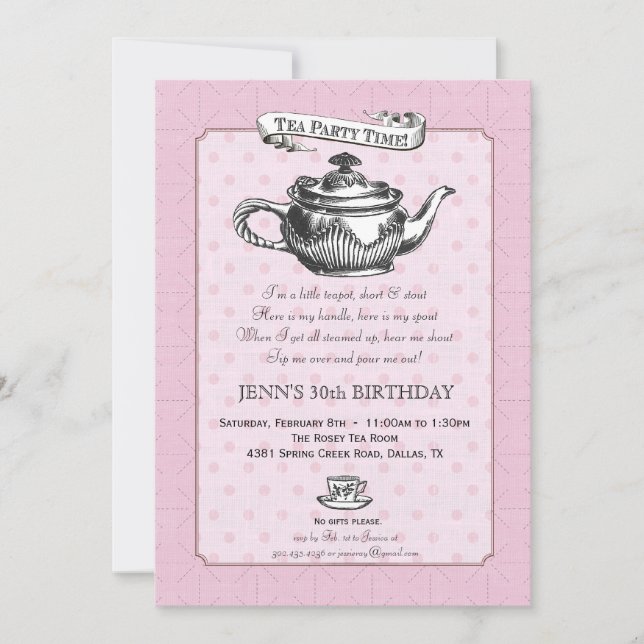 Tea Time Anniversaire Invitation à la fête - rose (Devant)