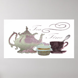 Tea time lilas théière, thé et cupcake Poster