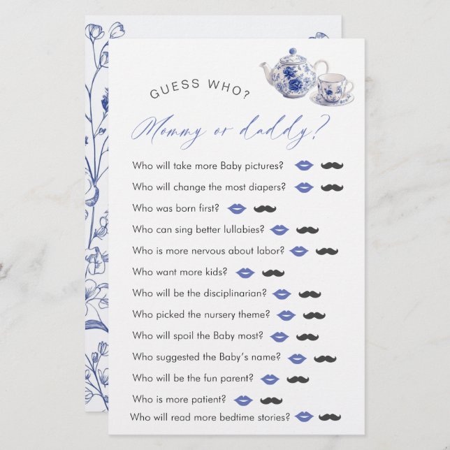 Tea Time Toile Thème Baby shower "Devis Qui" Jeu (Devant / Derrière)