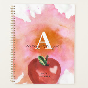 Teacher Apple Heart Monogramme Nom Rouge Rose