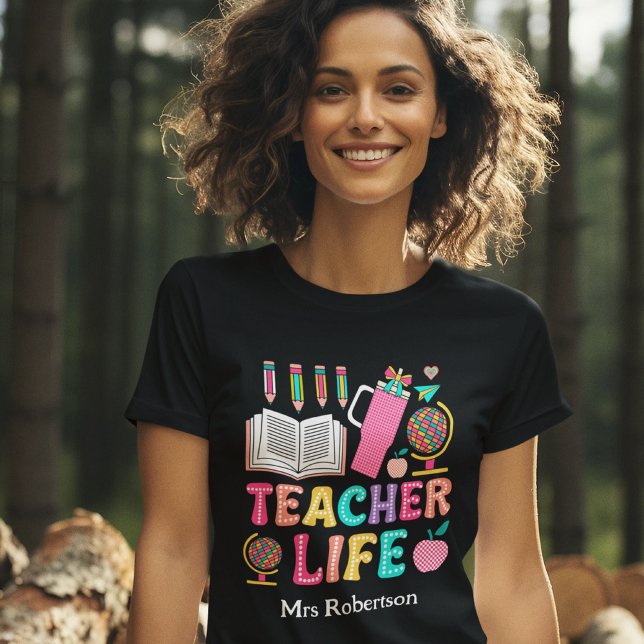Teacher vie coloré rétro citation t-shirt (Créateur téléchargé)