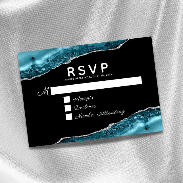 Teal Agate Silver Wedding RSVP Card (Créateur téléchargé)