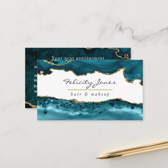 Teal - Agate Turquoise et Or Cartes de Visite (Devant/Arrière en situation)