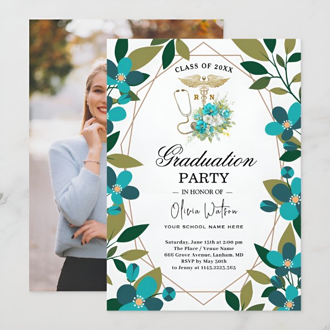 Teal and Gold Floral RN Graduation Invitation | Nu (Créateur téléchargé)
