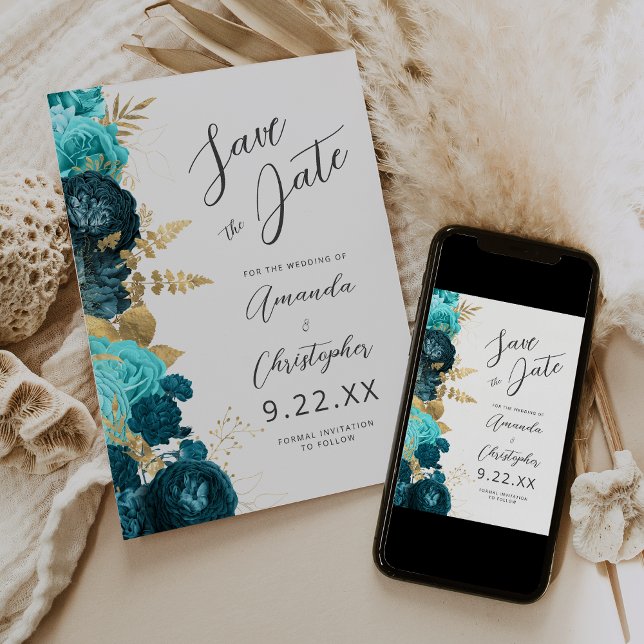 Teal Aqua Or Floral Script Invitation Anticipée de (Créateur téléchargé)