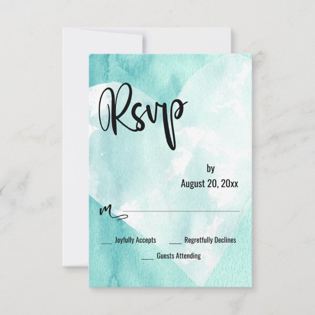 Teal Blanc Mariage Coeur Aquarelle RSVP (Devant)