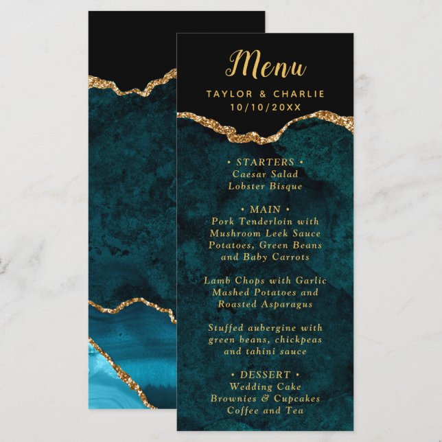 Teal Blue and Gold Agate Wedding Menu (Devant / Derrière)