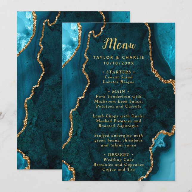 Teal Blue and Gold Agate Wedding Menu (Devant / Derrière)