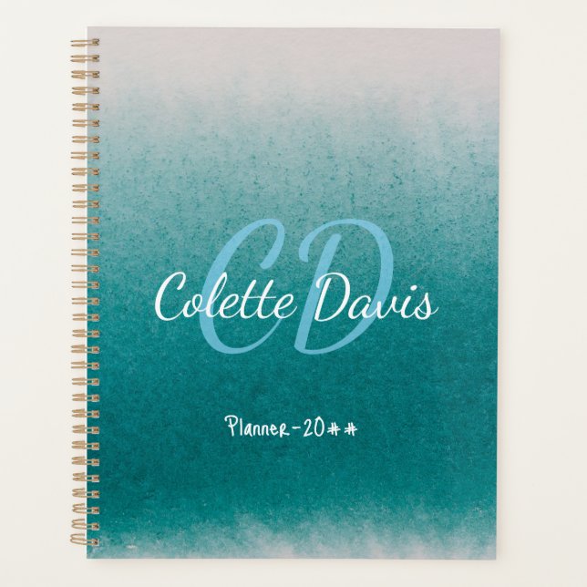 Teal Blue Glitter Aqua Green Custom Name Planner (Devant)