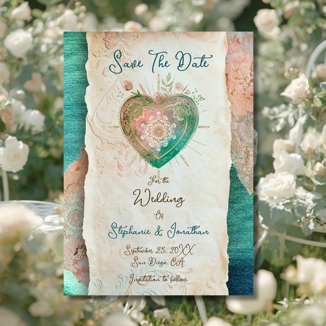 Teal Blush Lace Heart Baroque Save the Date (Créateur téléchargé)