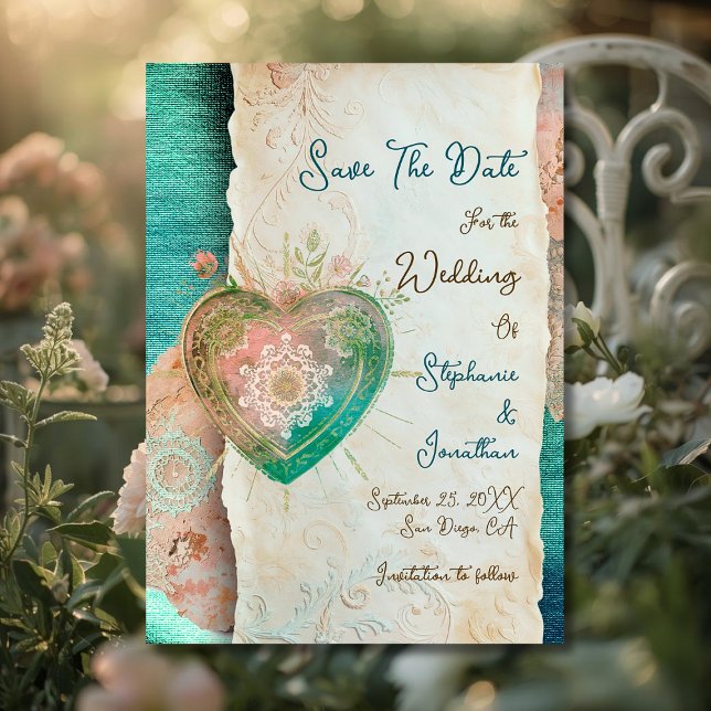 Teal Blush Lace Heart Rococo Wedding Save the Date (Créateur téléchargé)