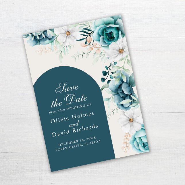 Teal Botanical Faire-Part de Conservation | Style  (Teal and Turquoise Save the Date Card on gray table)