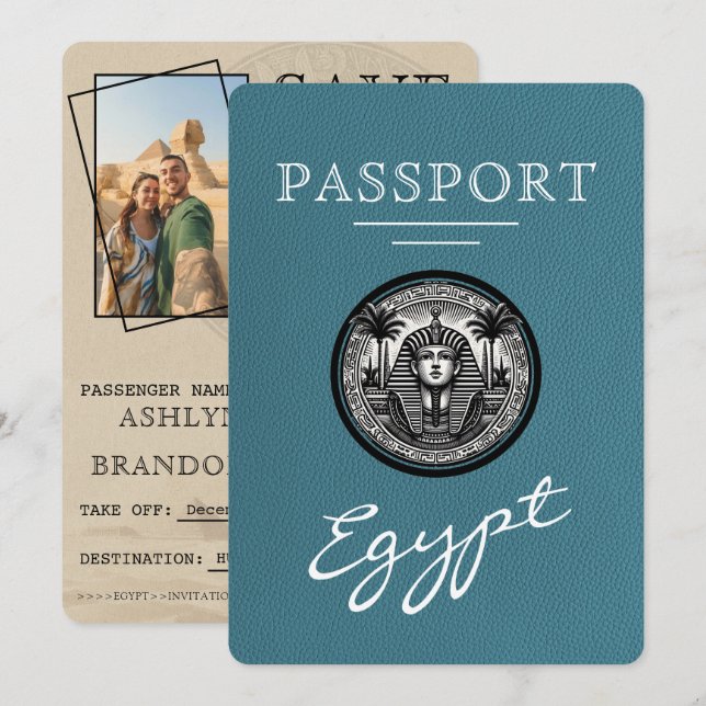 Teal Egypt Passport Wedding Save the Date (Devant / Derrière)