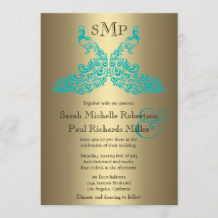 Teal et invitations de mariage de paon d'or