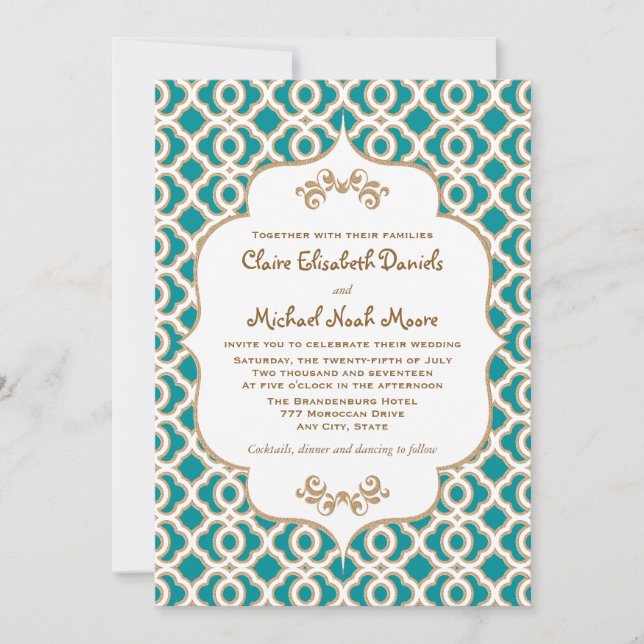 Teal et invitations marocaines de mariage d'or (Devant)