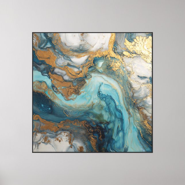 Teal Gold Currents – Art mural fluide abstrait  (Recto)