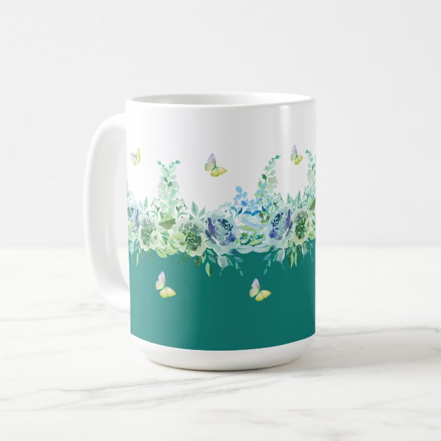 Teal Green Butterflies Floral Mug (Devant gauche)