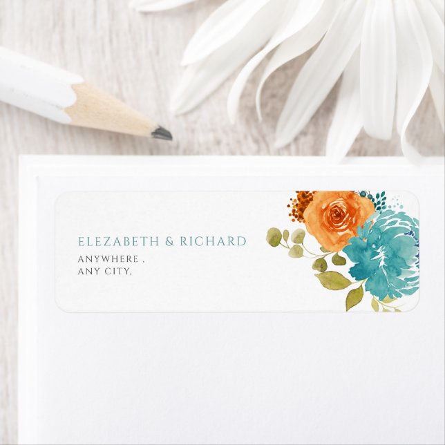 Teal Orange brûlé floral automne Étiquette (En situation)