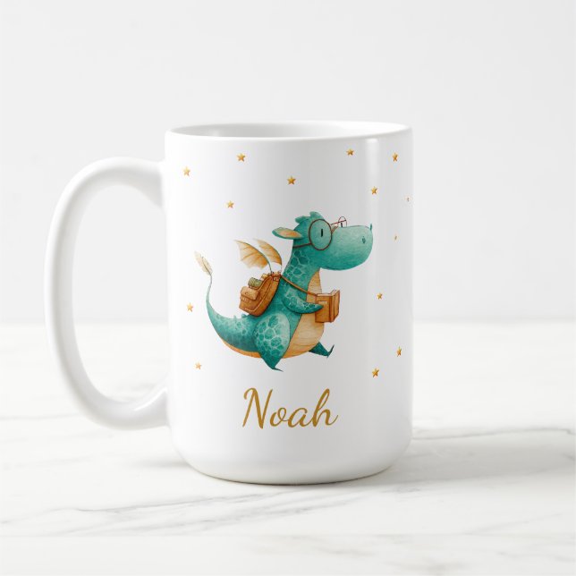 Teal Reading Dragon Mug – Personalized Boys’ Name (Gauche)