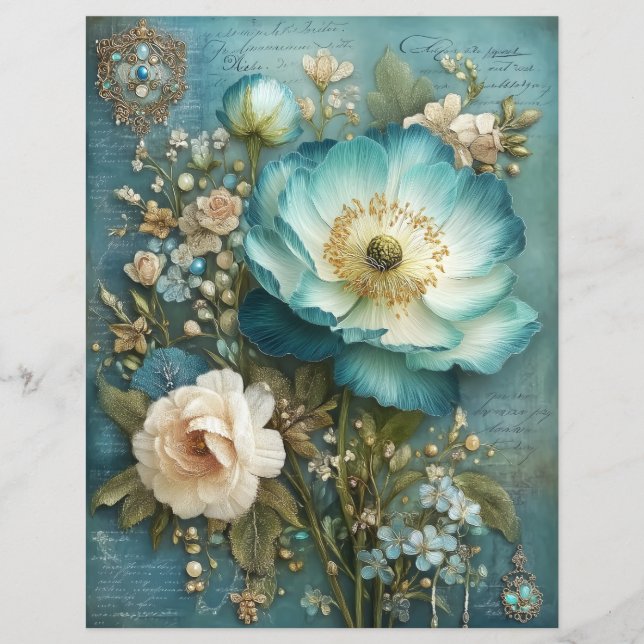 Teal Turquoise Flower Junk Journal Scrapbook Paper (Devant)