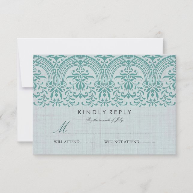 Teal Vintage Damask Mariage RSVP (Devant)