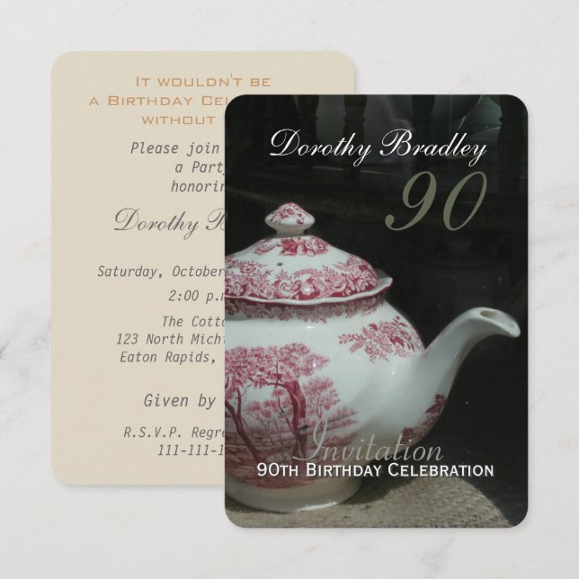 Teapot anglais vintage 90th Birthday Invitation (Devant / Derrière)
