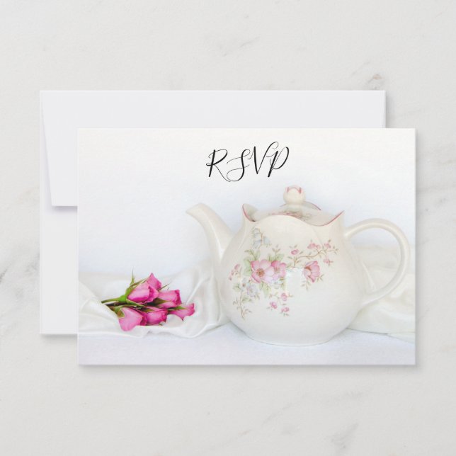Teapot avec rose Roses Mariage RSVP Carte de répon (Devant)