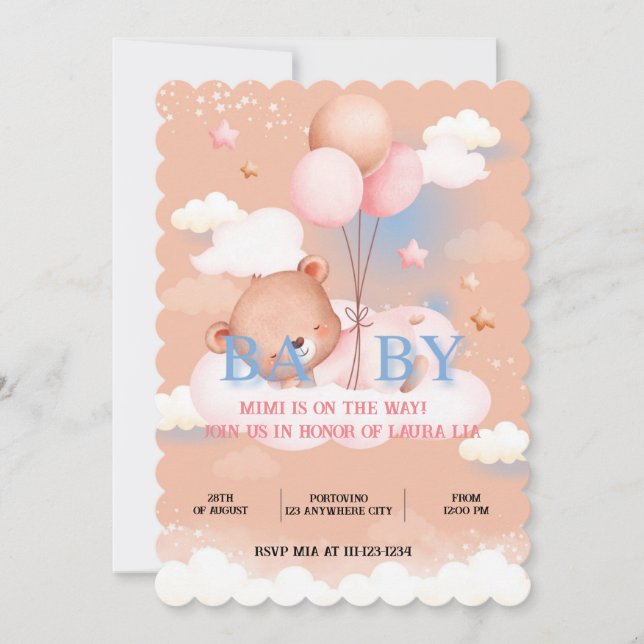 TEDDDDY BEAR PEACH COULEUR BABY SHOWER INVITATION (Devant)